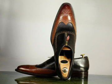 Men’s Handmade Black Brown Wingtip Brogue Leather Shoes Mens Brown Black Zipper Style Designer Leather Shoes
