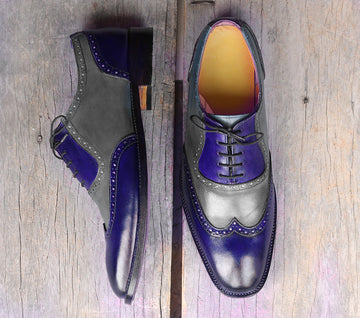 New Handmade Men's Gray Navy Wing Tip Leather Lace Up Shoes, Men Designer Dress Formal Shoes
