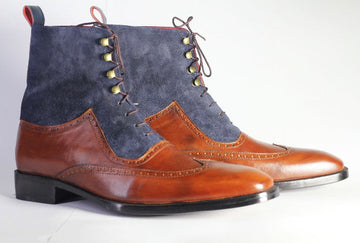 Mens Handmade Leather Suede Ankle High Boots, Men’s Wingtip Ankle High Boots