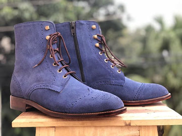 New Men's Handmade Blue Wing Tip Brogue Suede Lace Up & Side Zipper Boots, Men Ankle Boots, Men Designer Boots