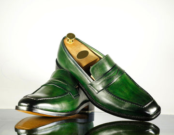 New Handmade Men's Green Leather Penny Loafer Shoes, Men Designer Dress Formal Luxury Shoes