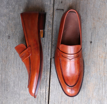 New Handmade Men's Tan Leather Penny Loafer Shoes, Men Designer Dress Formal Luxury Shoes