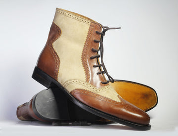 Mens Handmade Formal Brown Beige Wingtip Brogue Leather Suede Boots, Men’s Designer Ankle High Fashion Boots
