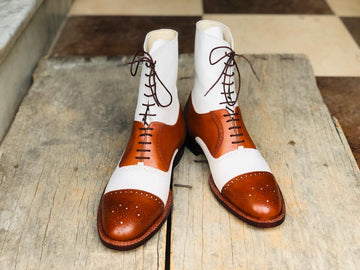 Mens Handmade White Tan Ankle High Boots, Mens Lace Up Awesome Style Boots