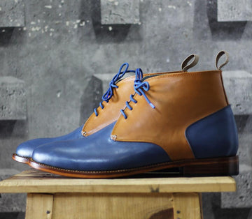 Mens Handmade Multi Color Leather Chukka Lace Up Boots, Men Tan Blue Designer Boots