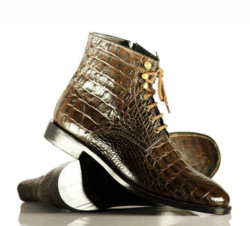 Stylish Handmade Men's Brown Alligator Textured Leather Lace Up & Side Zipper Boots, Men Ankle Boots, Men Fashion Boots