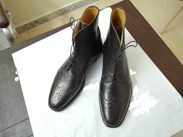 Mens Handmade Lavish Black Color Brogue Wing Tip Boots, Mens Ankle High Designer Boots