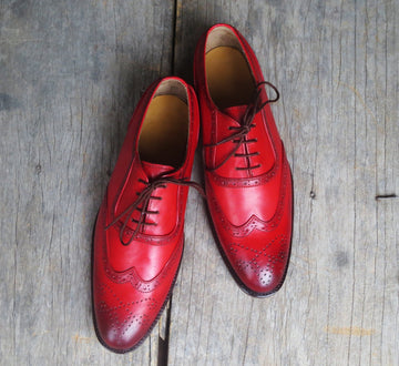 New Stylish Handmade Men's Red Leather Wing Tip Brogue Lace Up Shoes, Men Dress Formal Shoes