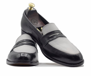 Mens Handmade Black & White Leather Loafer Shoes, Men’s Casual Two Tone Shoes