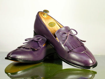 New Handmade Men's Purple Fringes Tussles Leather Loafer Shoes, Men Designer Shoes
