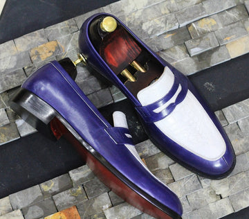 Handmade Men’s Casual Two Tone Penny Loafer Shoes, Men Black Fashion Shoes