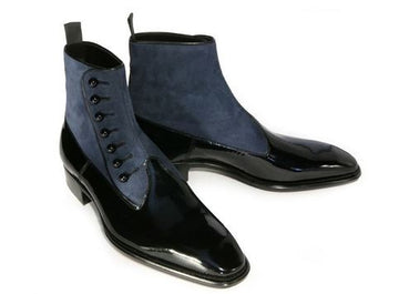 New Stylish Handmade Lace Up Ankle High Boot, Men's Black & Gray Suede & Leather Boots, Button Top Boots
