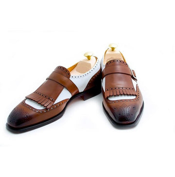 New Stylish Handmade Men's Two Tone Brown & White Monk Fringed Formal Dress Shoes
