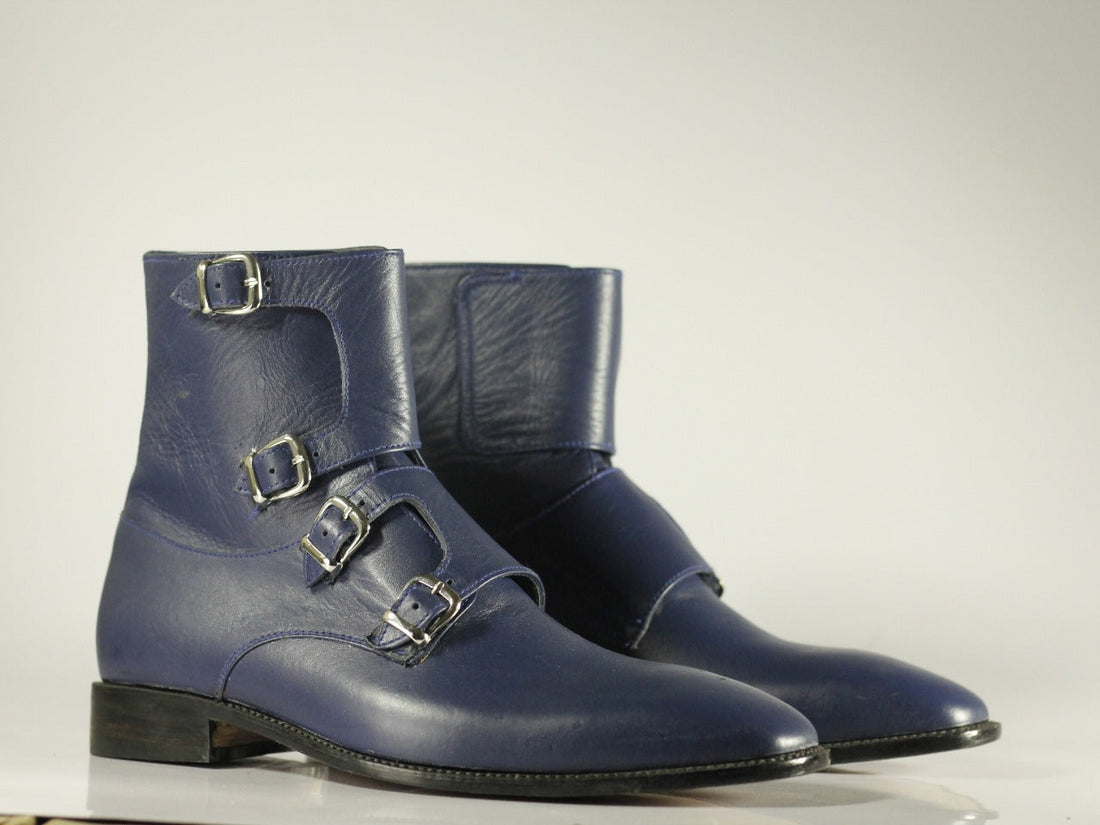 Men’s Handmade Blue Color Quad Monk Strap Leather High Ankle Boots, Men Designer Boots