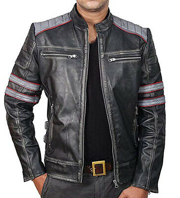 New Cafe Racer Retro Classic Black gray Distressed Biker Leather Jackets For Men