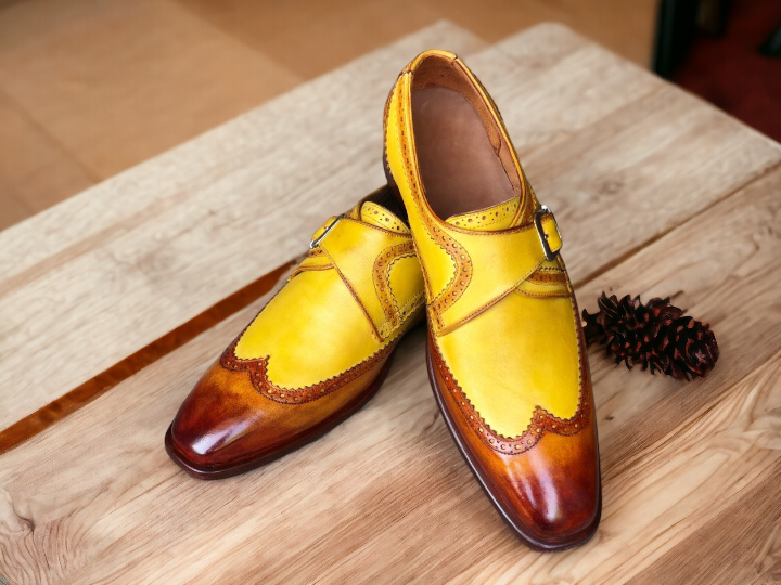 Mens Handmade Leather Brown Yellow Wingtip Brogue Shoes, Men’s Monk Strap Leather Shoes