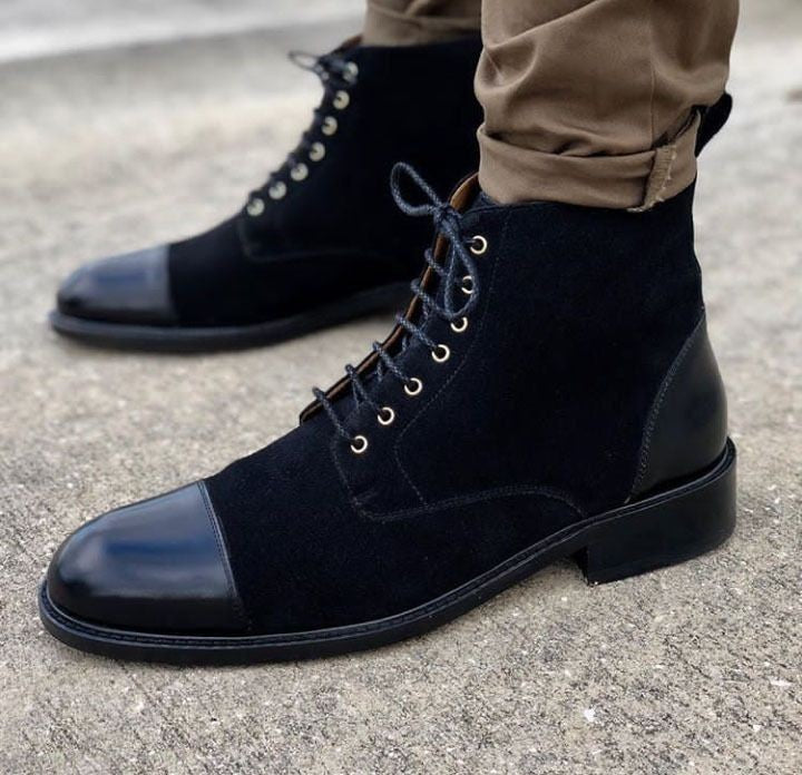 Stylish Men's Handmade Black Leather &amp; Suede Cap Toe Lace Up Boots, Men Casual Boots