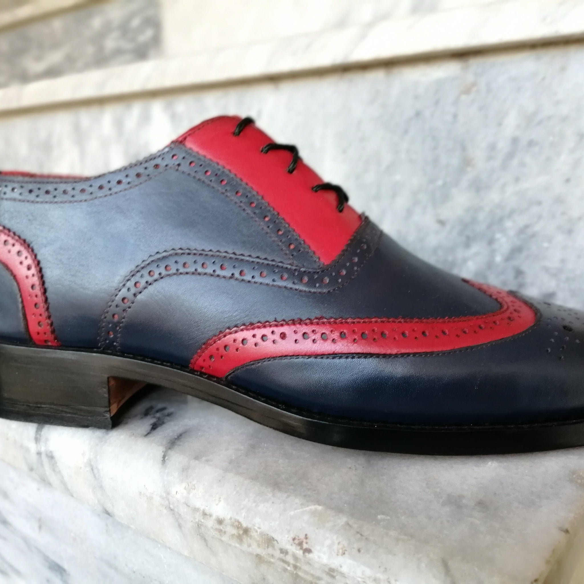 New Stylish Handmade Men's Navy Blue &amp; red Leather Wing Tip Brogue Dress Shoes