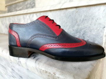 New Stylish Handmade Men's Navy Blue &amp; red Leather Wing Tip Brogue Dress Shoes