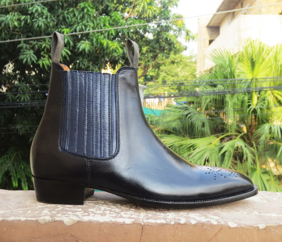 New Fancy Men Leather Ankle High Chelsea Boots, New Handmade Black Brogue Boots