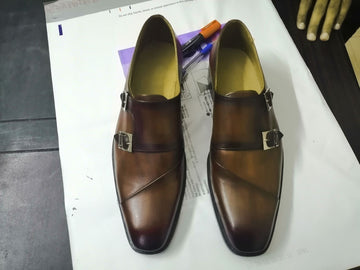 New Stylish Men's Handmade Brown Leather Double Monk Strap Dress Formal Shoes