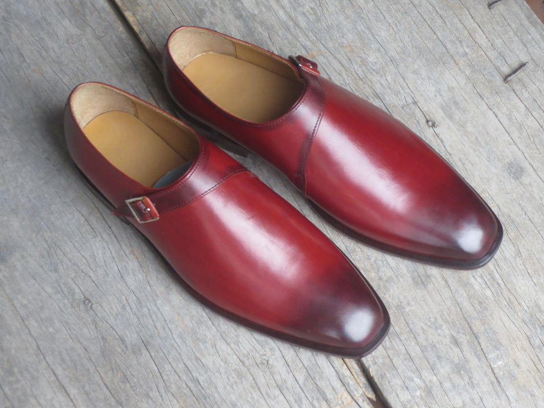 Mens Leather Burgundy Color Monk Strap Shoes, Men’s Formal Dress Shoes