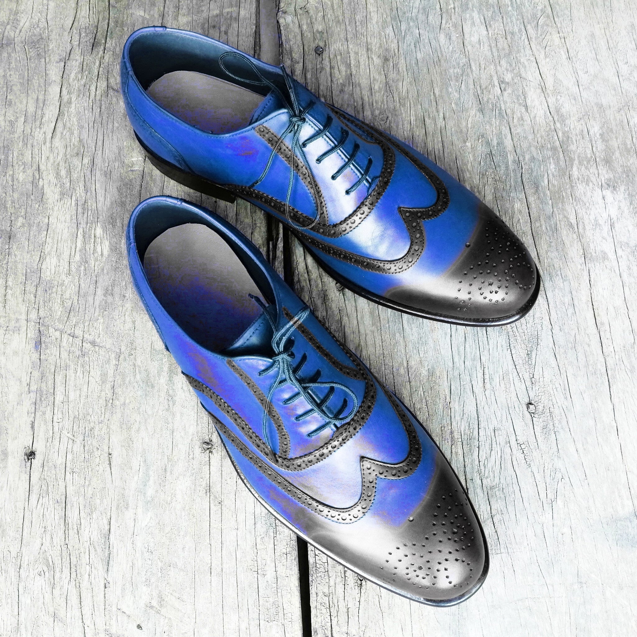 New Stylish Men's Handmade Blue &amp; Black Leather Wingtip Brogue Lace Up Dress Shoes
