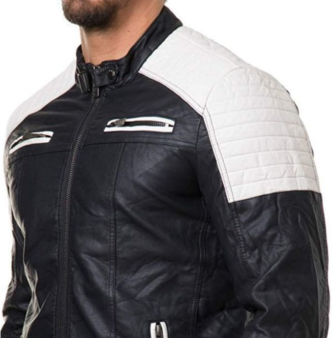 Stylish Men's Black and White Slim Fit Biker Jacket, Men Leather Jacket