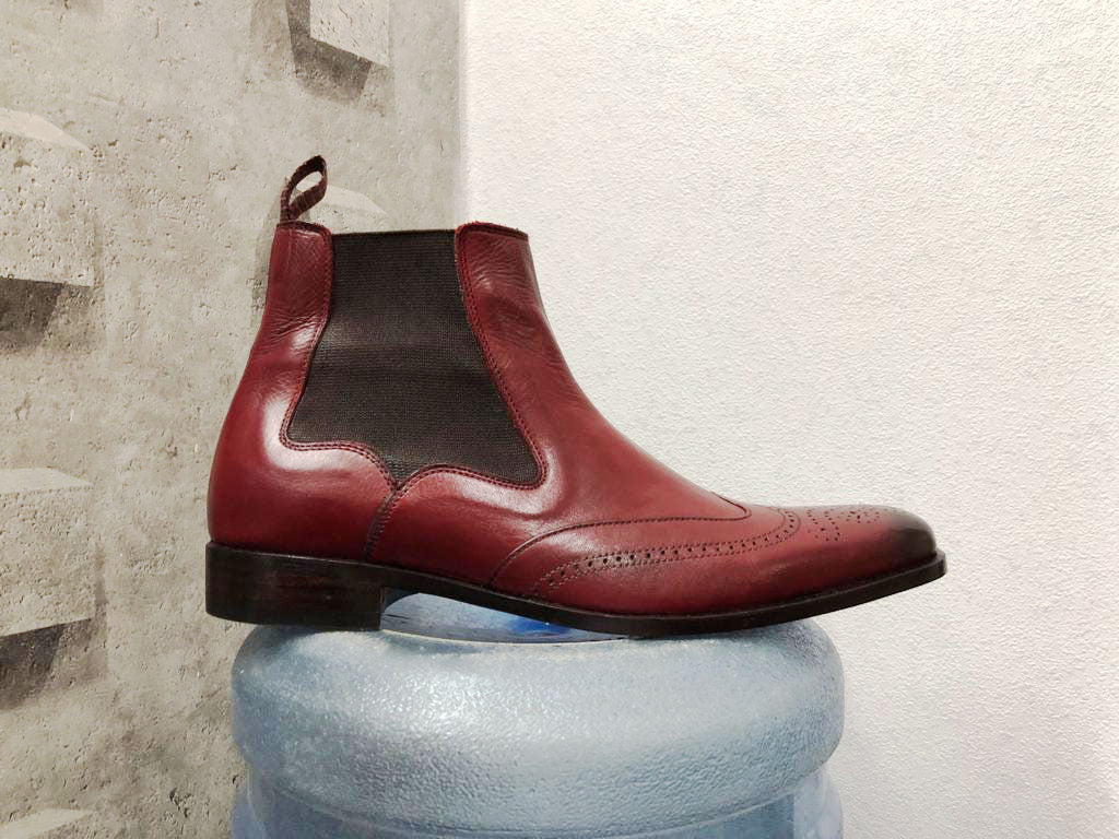 New Handmade Men’s Ankle High Leather Wing Tip Brogue Boots, Men’s Brown Color Chelsea Boots
