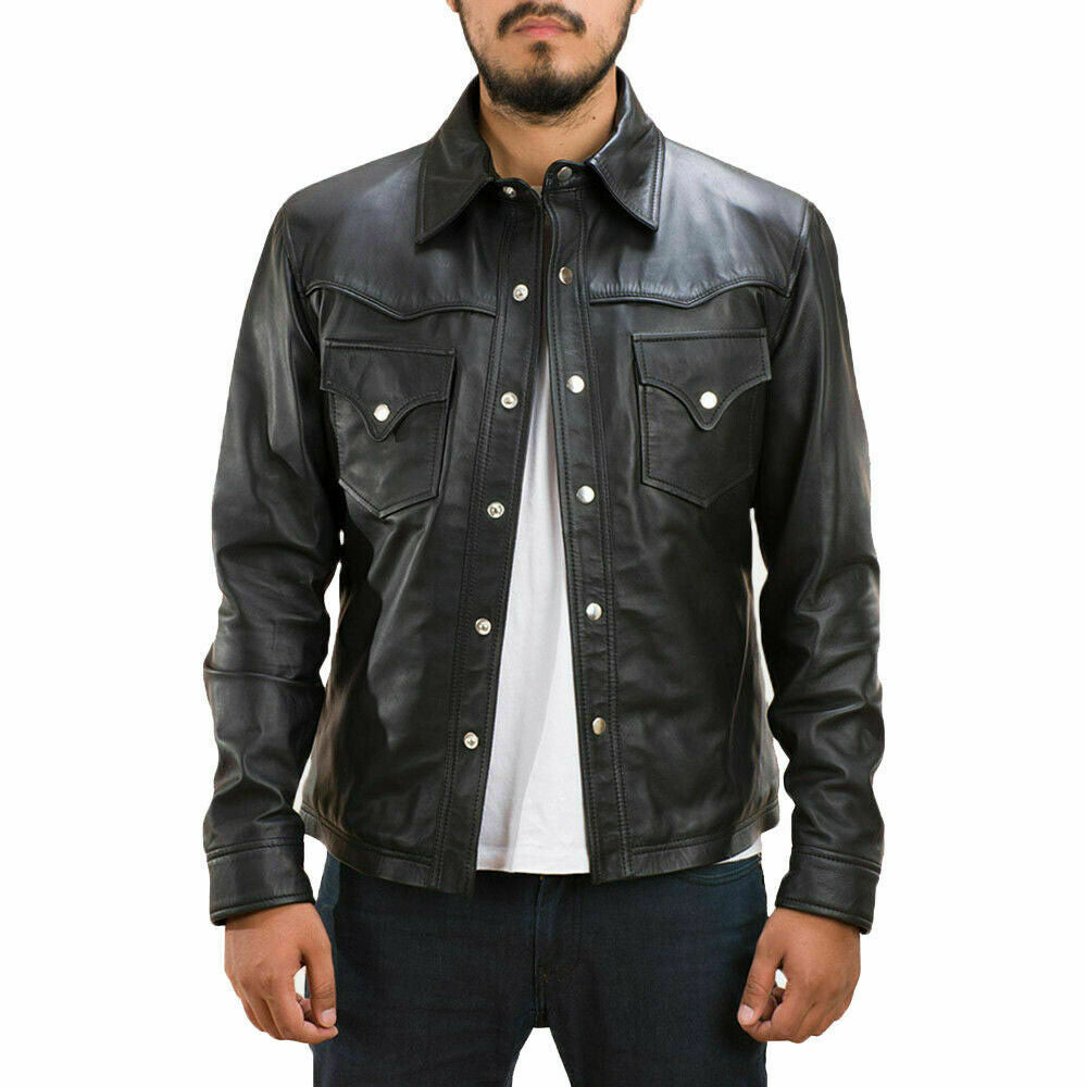 New Men's Genuine Lambskin Leather Biker Jacket, Black Leather button shirt Jacket