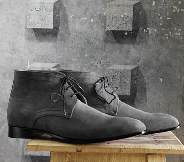 Mens Handmade Gray Color Half Ankle Chukka Boots, Men Suede Leather Boots