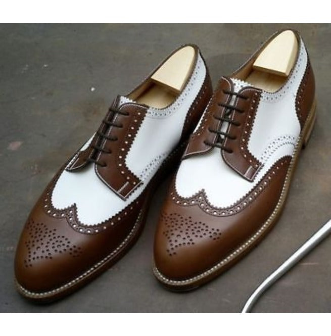 New Handmade Men's Dark Brown &amp; White Wing Tip Brogue Lace Up Formal Dress Shoes