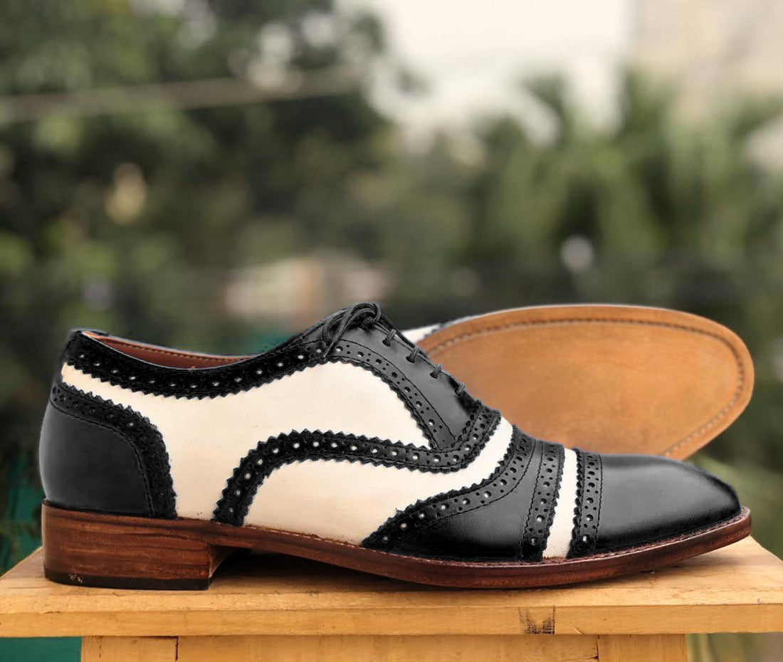 Handmade Men’s White Black Cap Toe Leather Lace Up Shoes, Men Oxford Designer Shoes