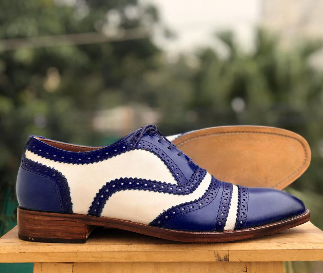 Handmade Men’s White Blue Cap Toe Leather Lace Up Shoes, Men Oxford Designer Shoes