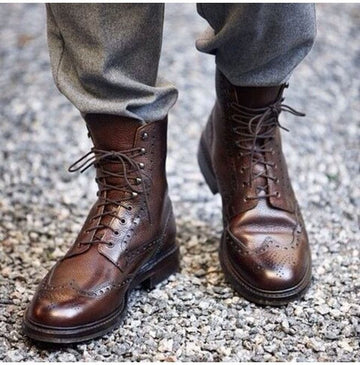 Mens Handmade Formal Brown Color Designer Ankle High Lace Up Boots, Men’s Wingtip Brogue Designer Boots