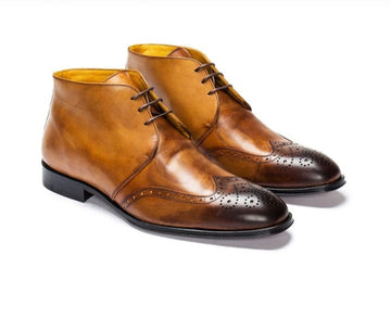 Mens Handmade Half Ankle Leather Chukka Boots, Men Brown Black Wingtip Lace Up Boots