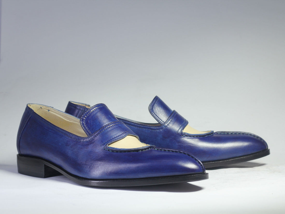 New Men’s Handmade White &amp; Blue Split Toe Leather Loafers, Men Dress Formal Shoes