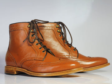 Mens Handmade Tan Color Wingtip Brogue Formal Ankle High Boots