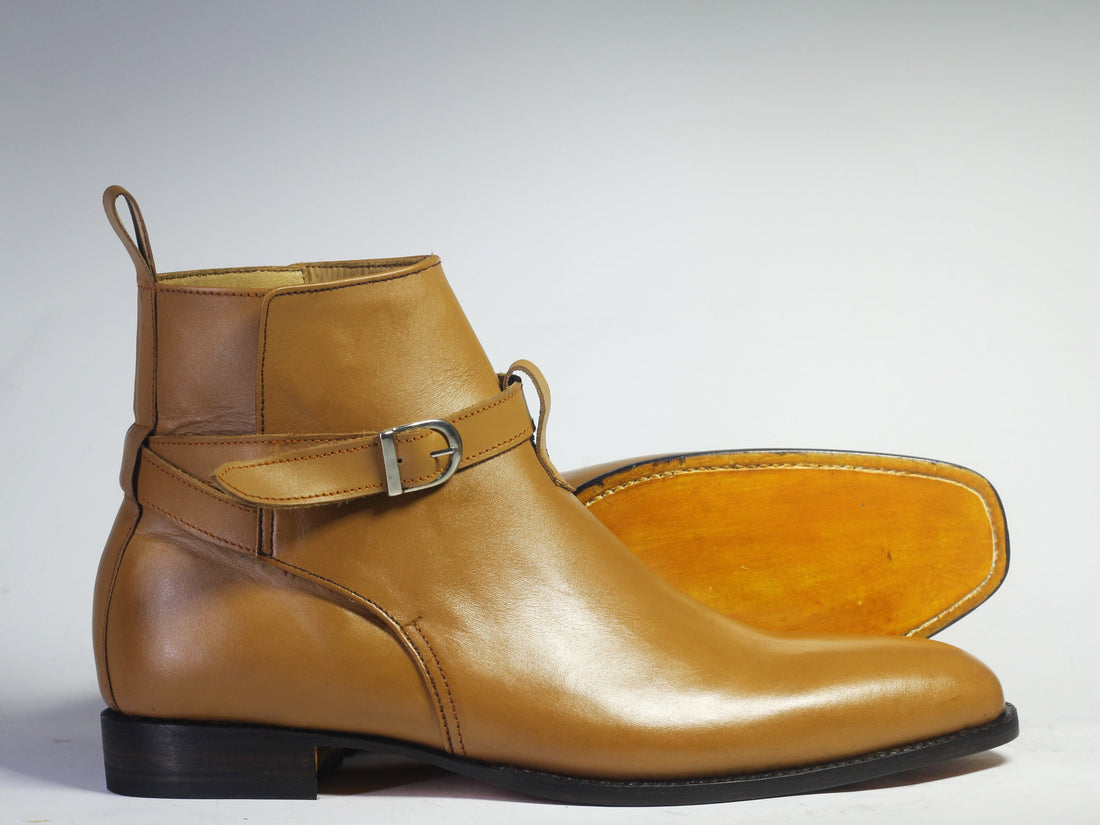 Mens Handmade Jodhpurs Tan Color Leather Ankle High Boots, Men Buckle High Ankle Boots