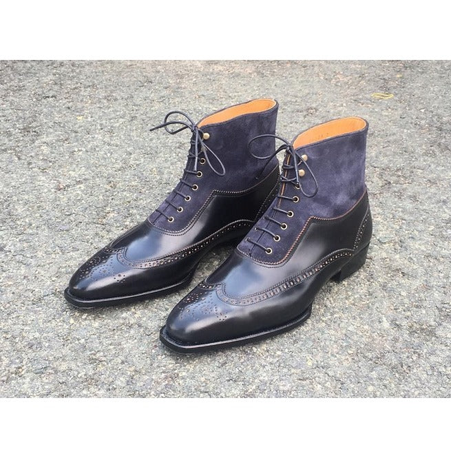 Mens Handmade Gray Black Brogue Wingtip Leather Boots, Men Leather Suede Boots