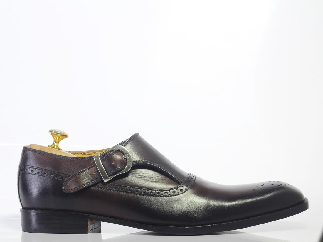 Men Handmade Stylish Brown Color Leather Shoes, Mens Monk Strap Leather Shoes
