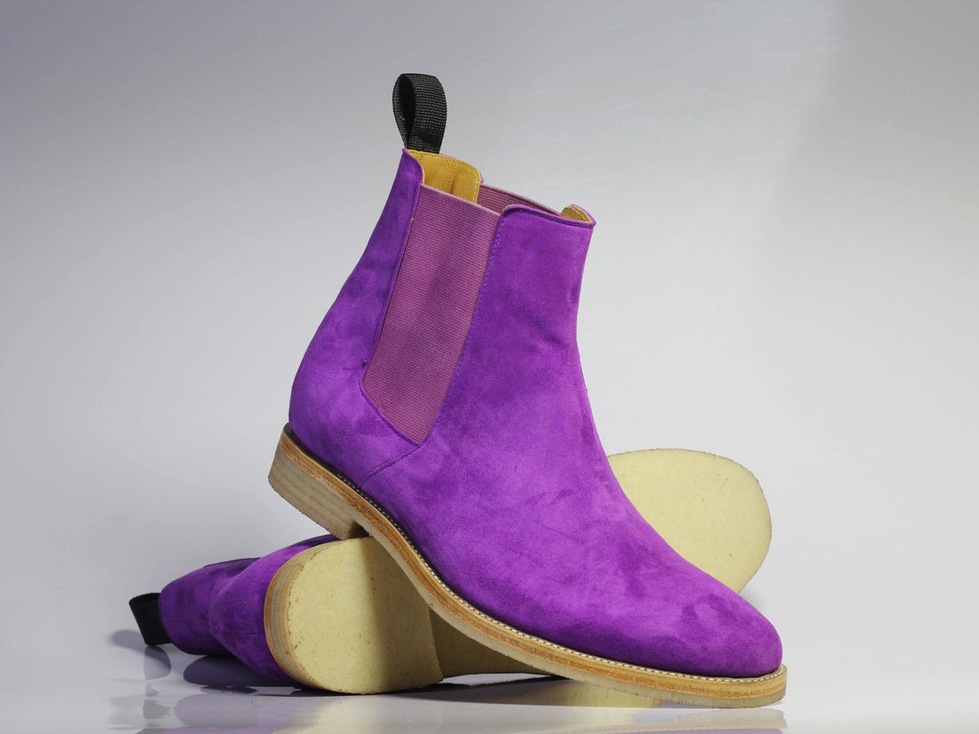 Mens Handmade Purple Color Chelsea Suede Boots, Men Fashion Awesome Ankle High Boots