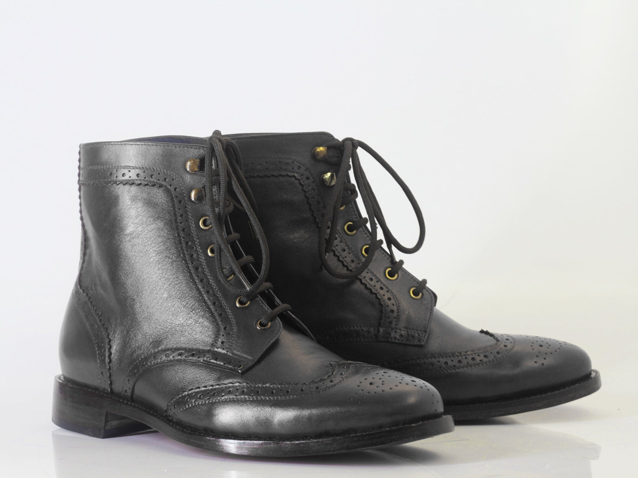 Mens Handmade Formal Black Color Wingtip Brogue Boots, Men’s Handcrafted Lace Up Ankle High Boots