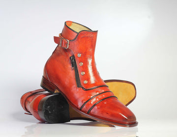 Mens Handmade Formal Brown Color Ankle High Buckle Zipper Boots, Men’s Fashion Ankle High Boots