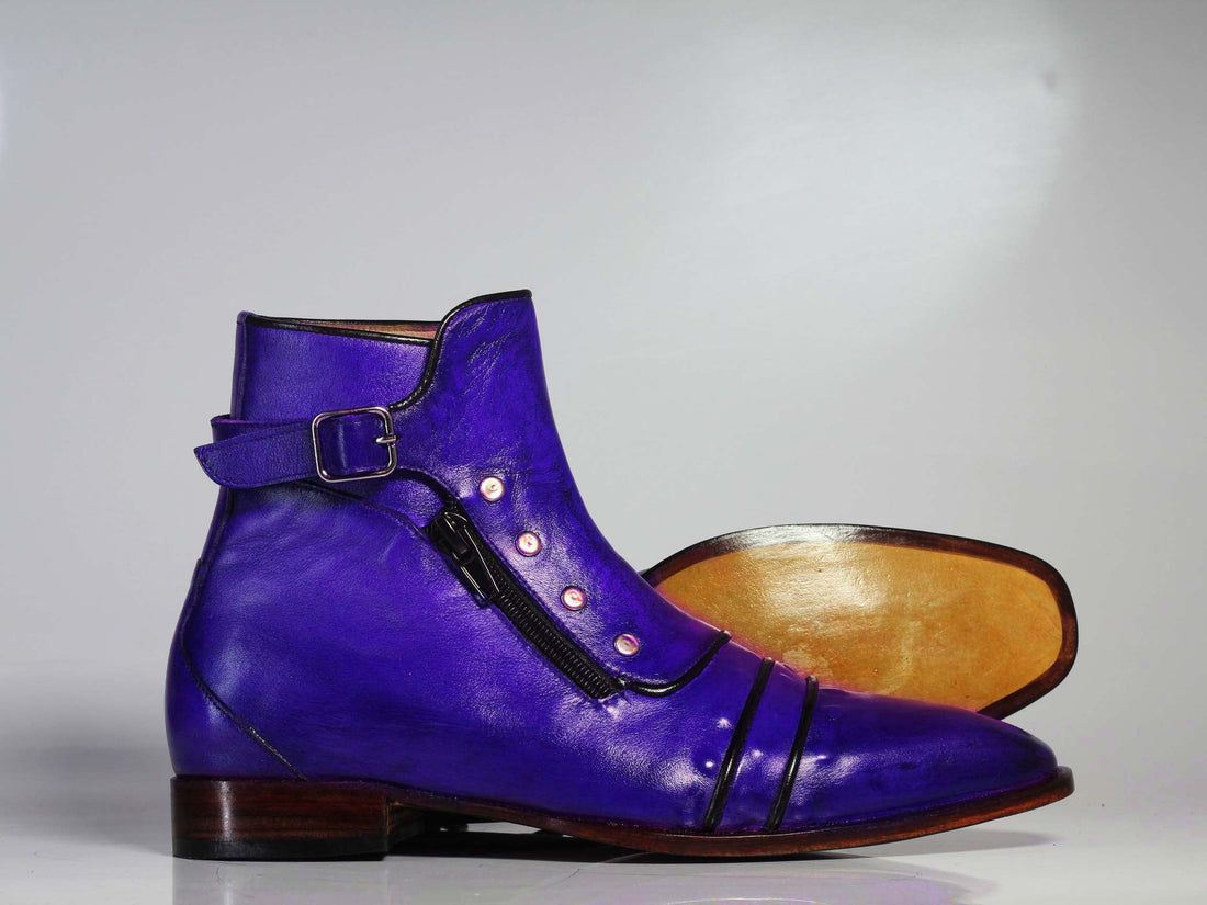 Men’s Handmade Purple Color Ankle High Cap Toe Boots, Mens Zipper Buckle Style Boots