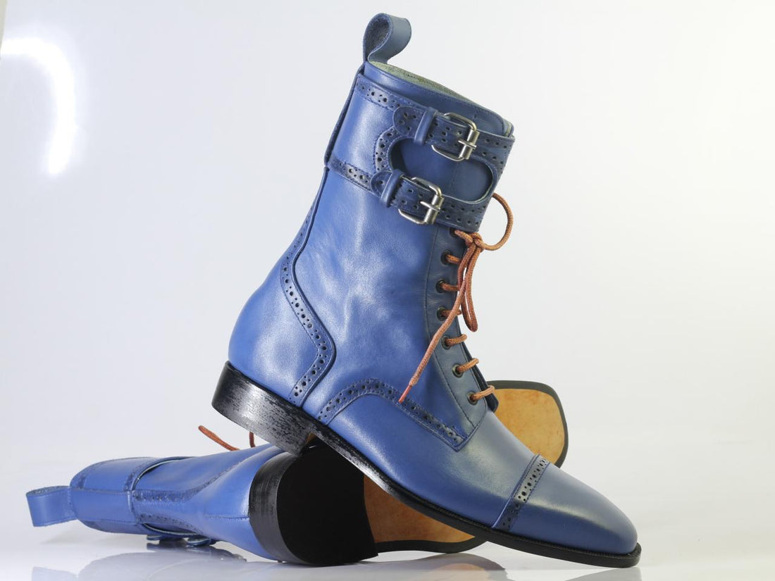 Mens Handmade Blue Color Cap Toe Design Leather Double Monk Strap High Ankle Boots