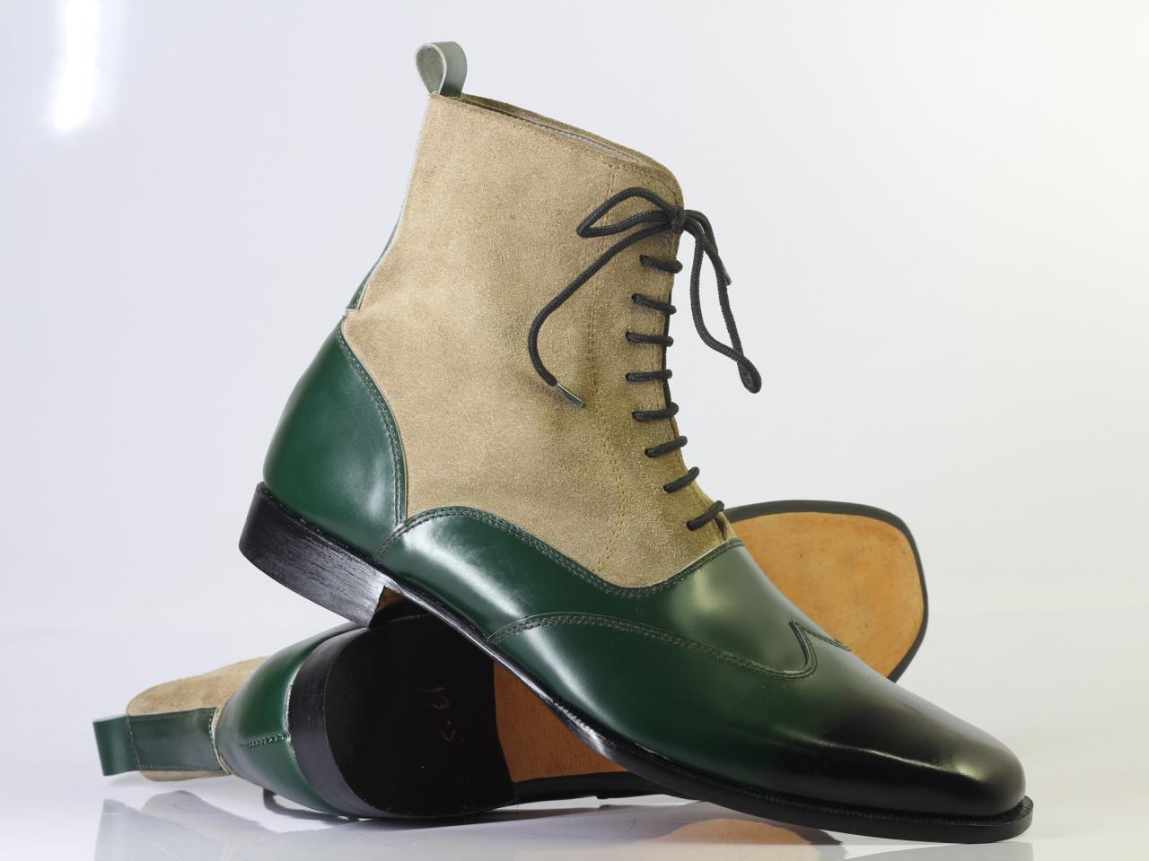 Mens Handmade Green Beige Lace Boots Ankle High Boots, Men Leather Suede Boots