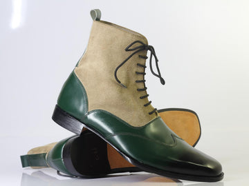Mens Handmade Green Beige Lace Boots Ankle High Boots, Men Leather Suede Boots
