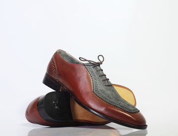 Beautiful Handmade Men's Brown Gray Square Toe Leather Suede Shoe, Men Designer Shoes