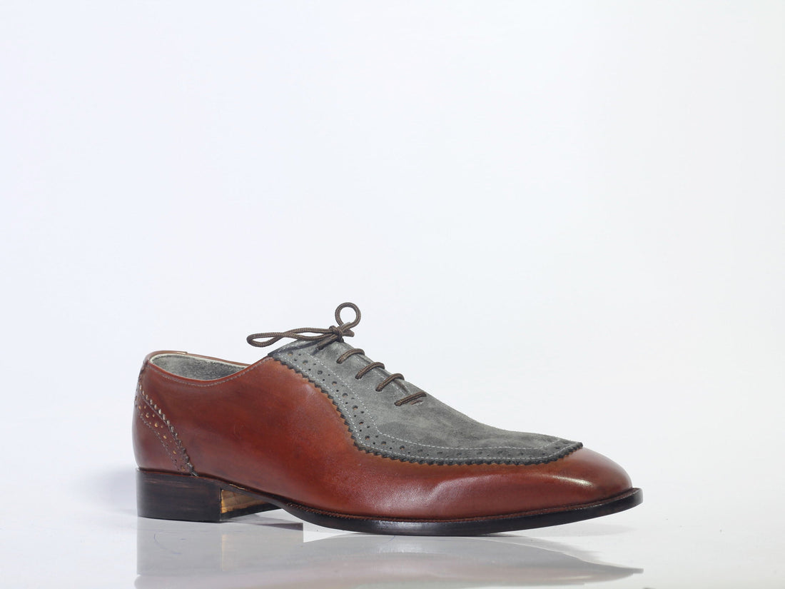 Beautiful Handmade Men's Brown Gray Square Toe Leather Suede Shoe, Men Designer Shoes